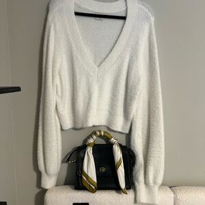 Sunday Best Creamy White V-Neck Fuzzy Sweater